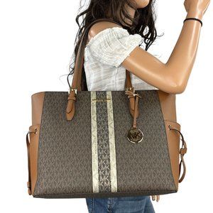 Michael Kors Gilly LG Drawstring Travel Tote Bag Center Stripe MK Brown Multi